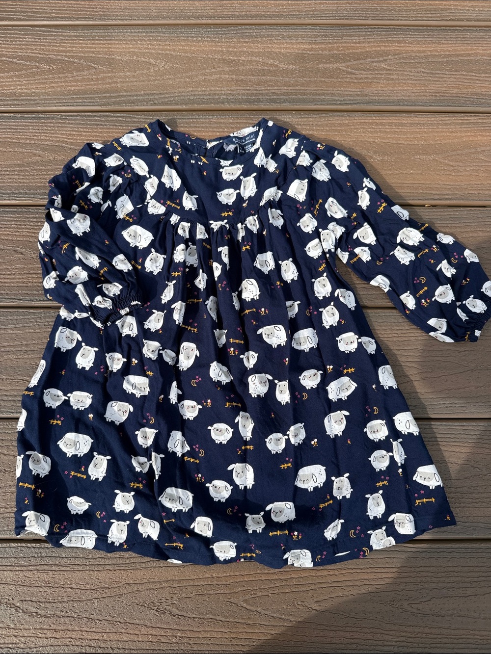 Navy Sheep-Print Long Sleeve Kids Dress